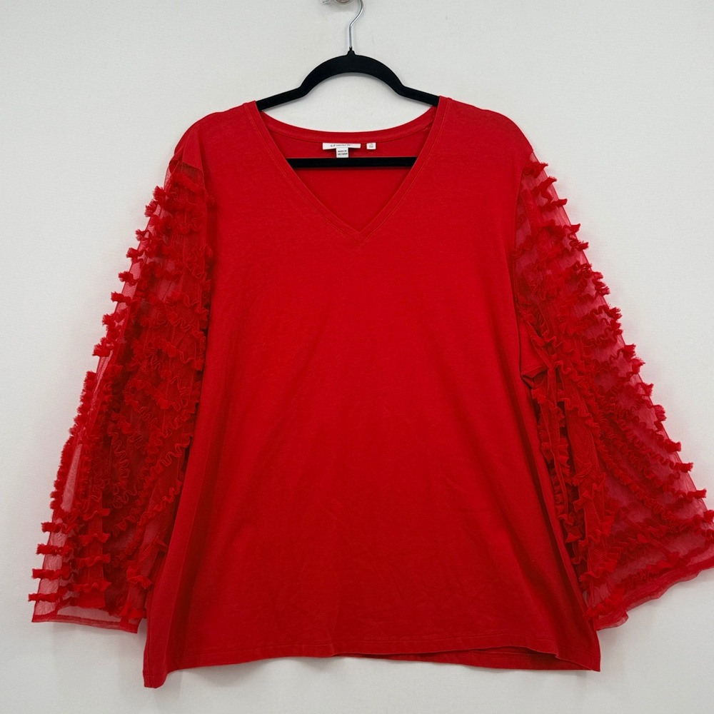 Chico's Ruffle Mesh Sleeve Top Women 4 XXL Red V-Neck Romantic Whimsical Holiday